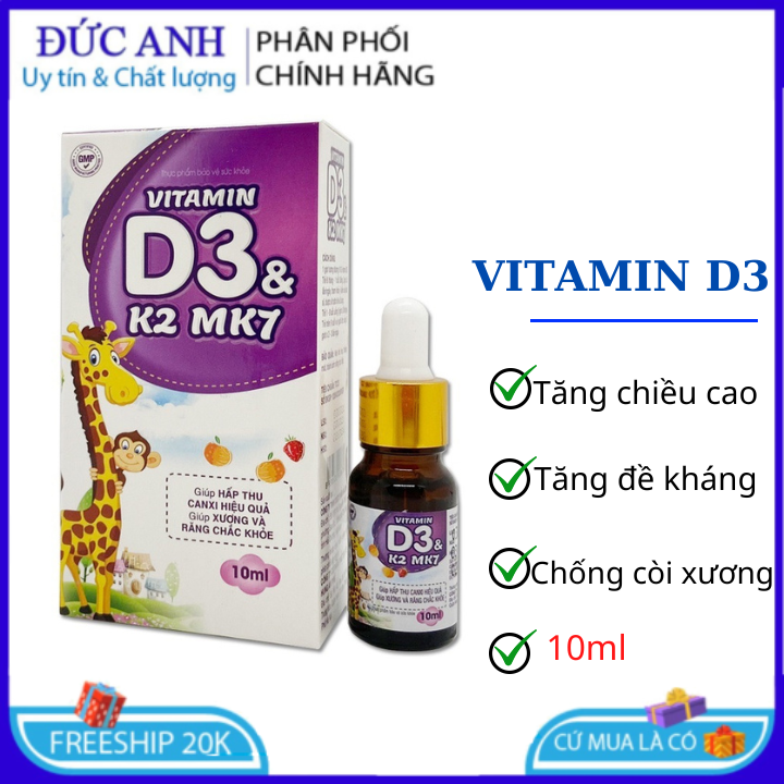 Vitamin D3 K2 MK7  Giúp Phát triển hệ xương, răng chắc khỏe, Phát triển chiêu cao,giảm loãng xương chai 10ml