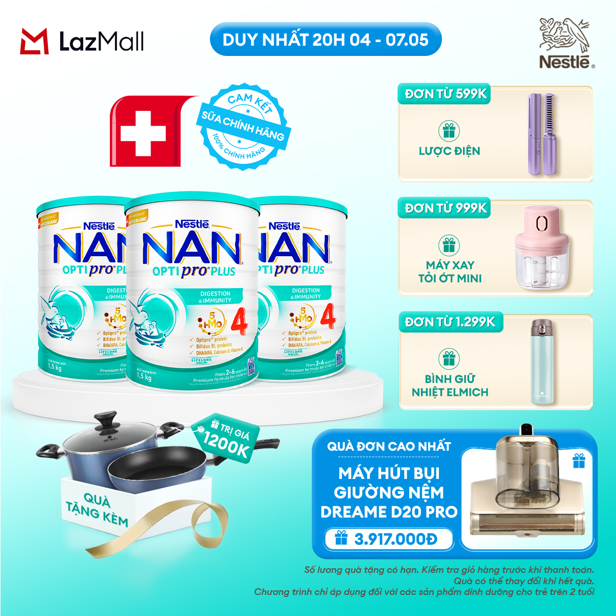 [CHỈ 20H 04-07.05 QT Đơn 599k/999k/1299k] [Tặng Set Nồi Chảo Elmich] Bộ 3 lon Sữa Bột Nestlé NAN OPTIPRO PLUS 4 1500g Cho Bé 2 - 6 Tuổi: Công Thức Độc Quyền Nhập Khẩu Từ Thụy Sỹ, Chứa Phức Hợp 5-HMO