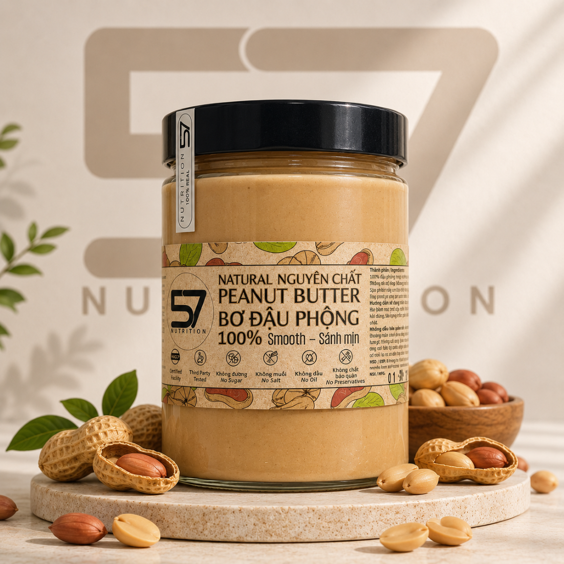 Bơ Đậu Phộng 100% Natural 57 Peanut Butter 300g/500g - Additive-Free, Sugar-Free, No Preservatives