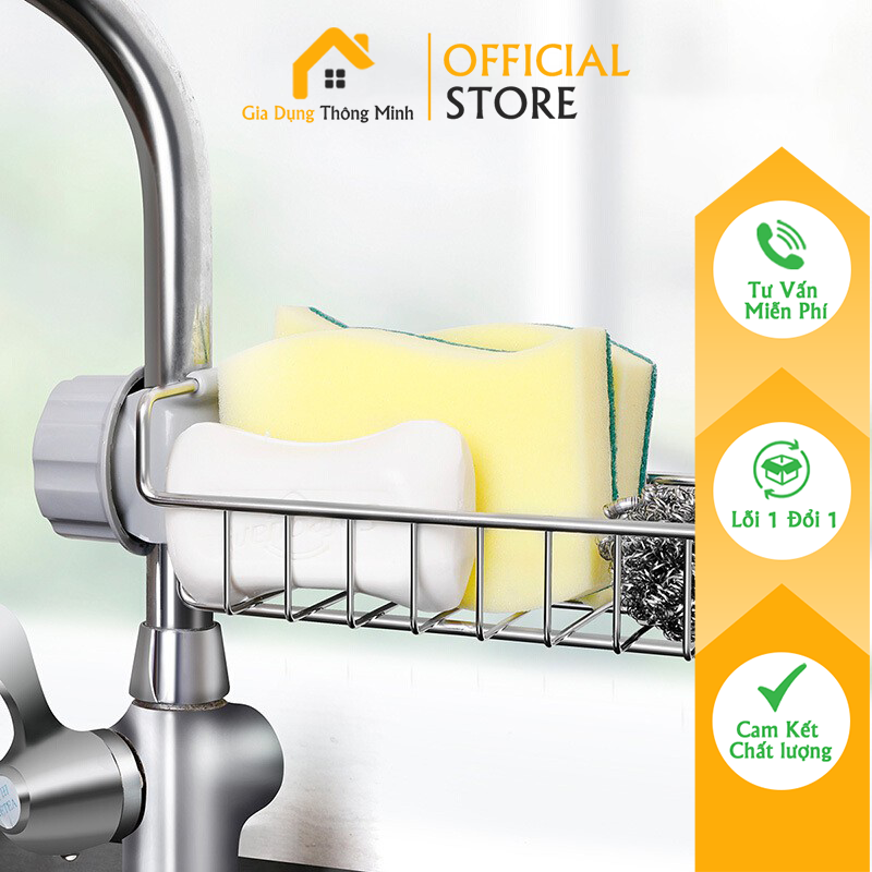 Giá treo vòi inox đựng đồ giẻ rửa chén bát - giỏ inox gắn vòi rửa bát tiện lợi không rỉ