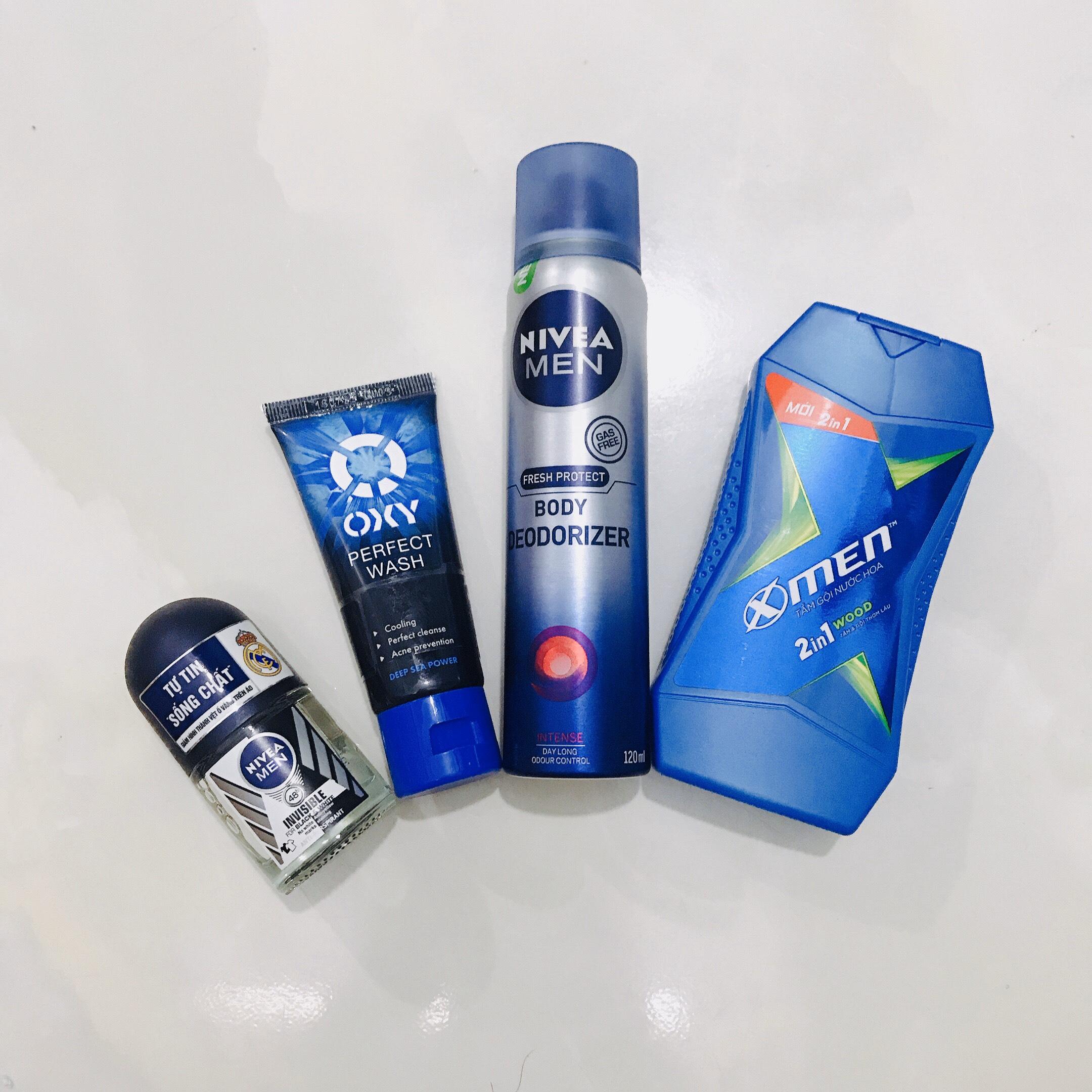 [HCM]Mua trọn bộ 4 món - Tặng 5 gói dầu gội clear 6g : 1Chai Xịt Toàn Thân NIVEA MEN 120ML + 1chai lăn khử mùi nivea men 12ml + 1chai sửa rửa mặt oxy 25g +1Chai tắm gội hương nước hoa xmen 70g
