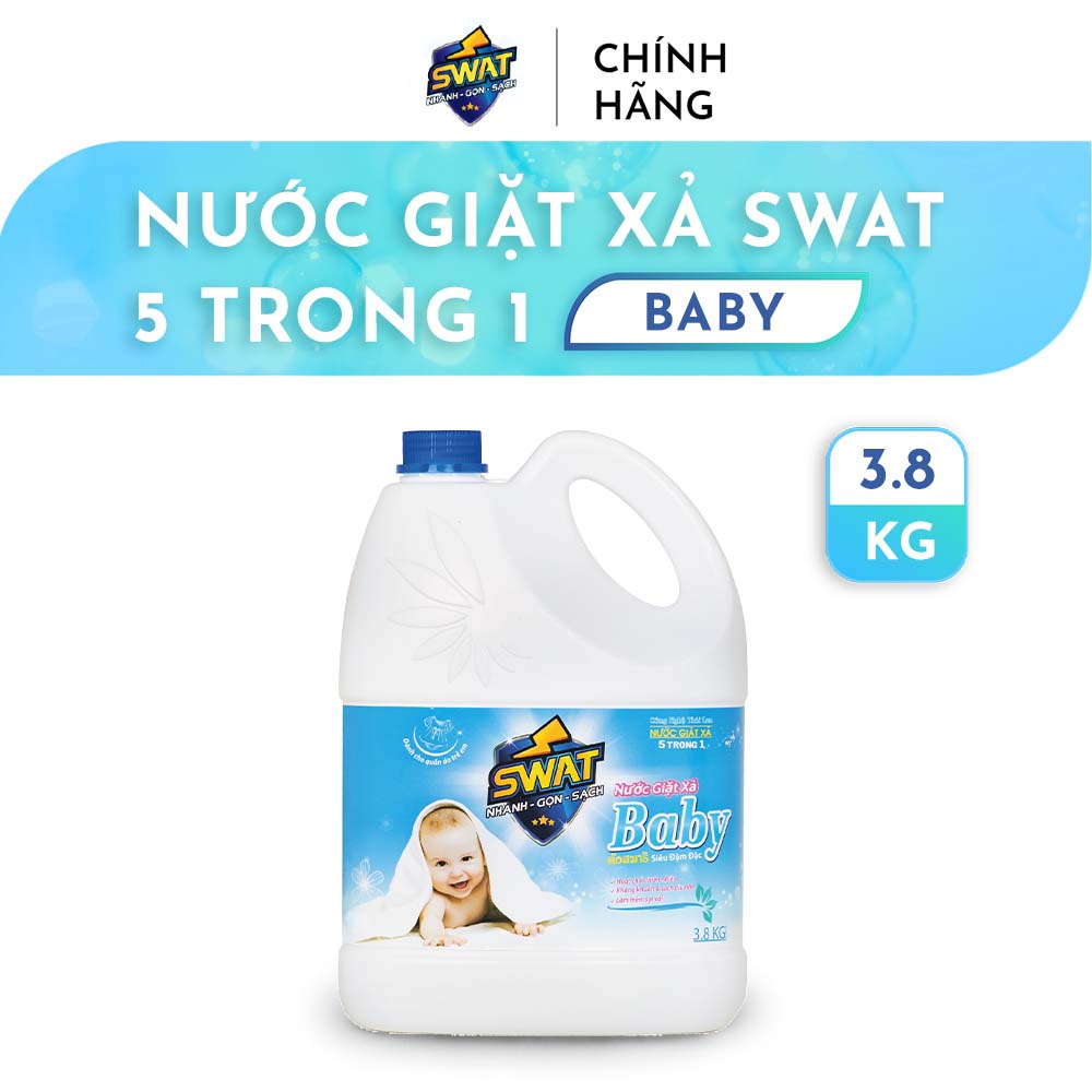 Nước Giặt Xả 5 In 1 Swat Hương Baby Siêu Thơm Can Dung Tích Khổng Lồ 3.8Kg Siêu Tiết Kiệm Giúp Diệt Khuẩn Lưu Hương Lâu