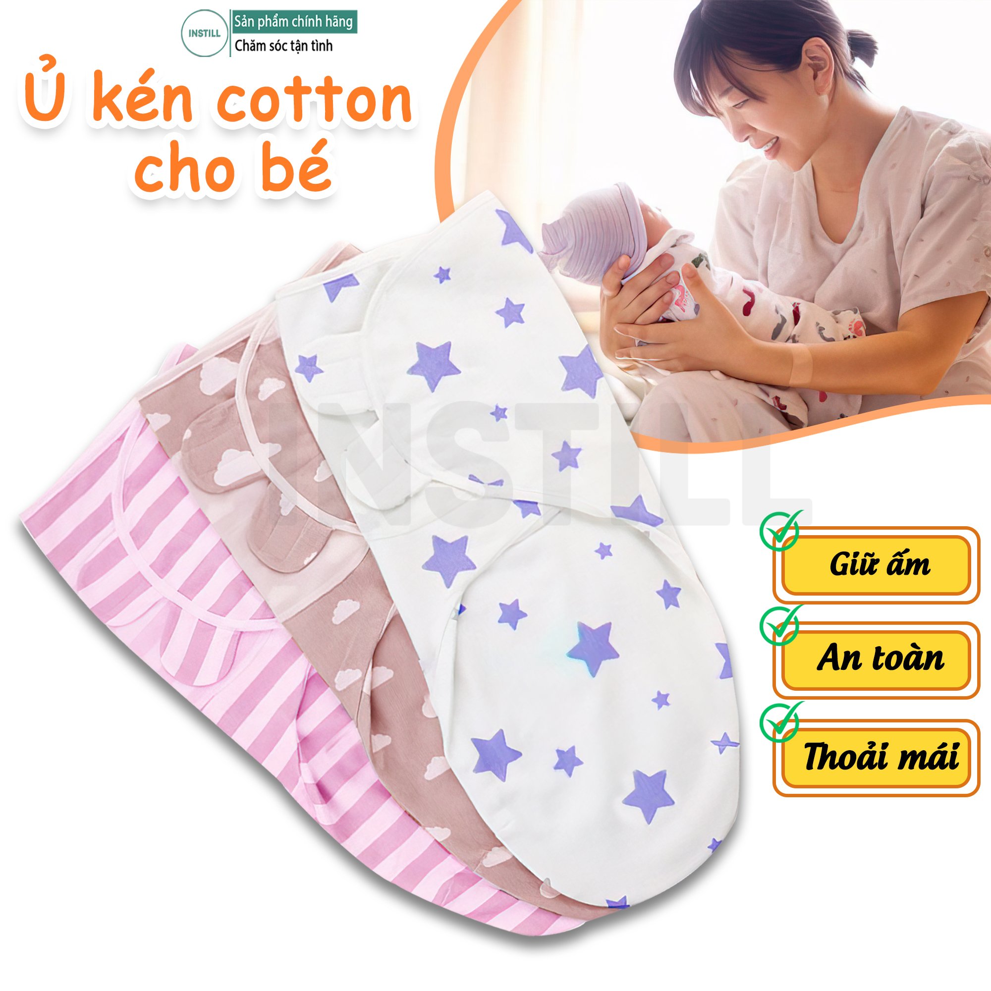 Chăn ủ kén cotton cho bé yêu ngủ ngon, chăn cuốn sơ sinh ủ kén giúp bé sâu giấc, không giật mình, Instill Store