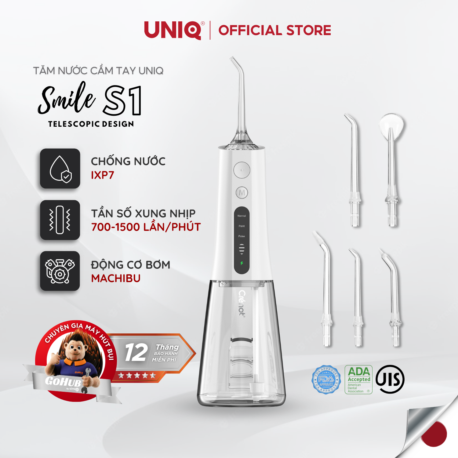 Tăm nước cầm tay UNIQ X CRENOT Smile S1 waterpik động cơ Nhật Bản siêu bền máy vệ sinh răng miệng xịt rửa làm sạch kẽ niềng 300ml