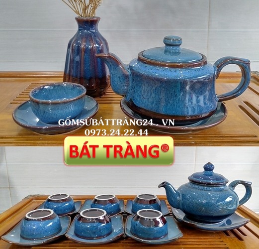 BỘ ẤM TRÀ GỐM SỨ BÁT TRÀNG ẤM CHÉN MEN HỎA BIẾN CAO CẤP ẤM TRÀ SỨ MÀU XANH