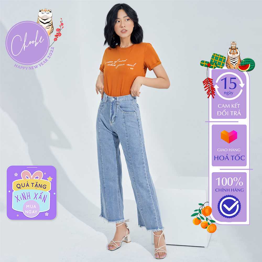 Quần jean nữ Choobe ống rộng cạp cao bò suông phong cách thời trang Hàn Quốc QJ01