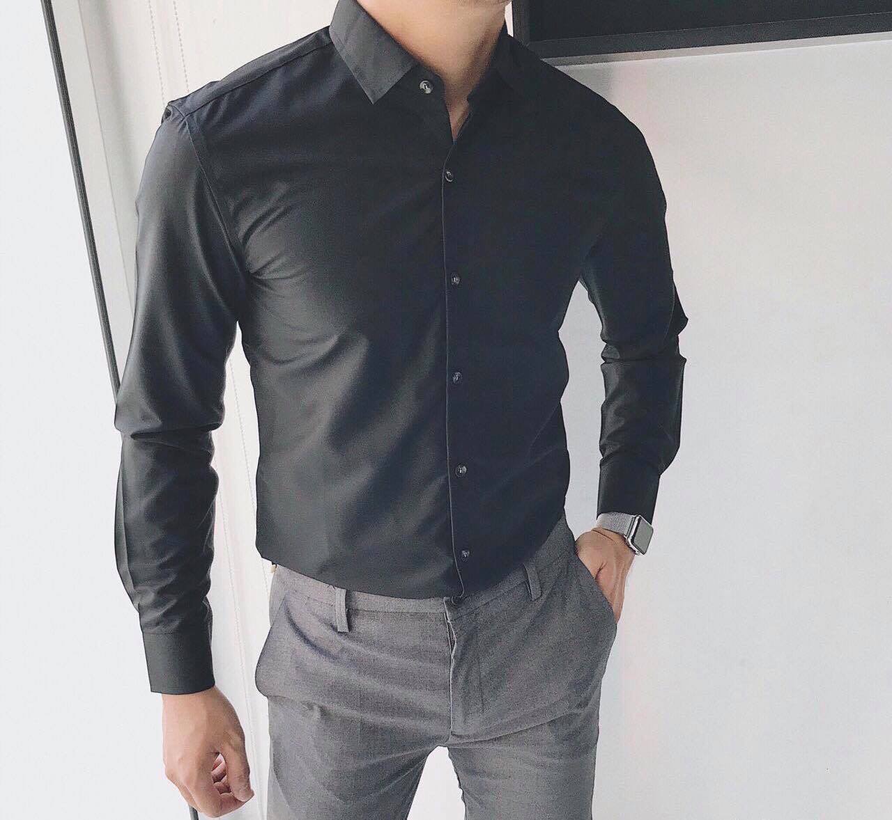 Áo sơ mi nam form body đầy đủ size từ 45kg đến 75kg 2 màu trắng đen