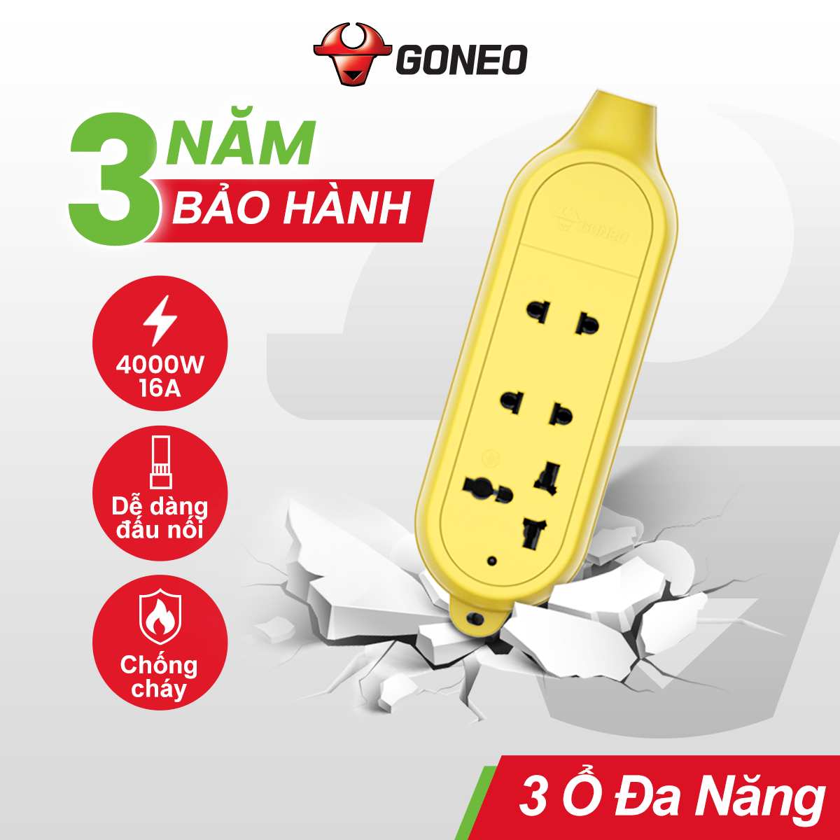 Ổ Cắm Chống Cháy - Chống Va Đập GONGNIU - 3 Ổ Đa Năng - Công Suất Lớn 16A/4000W - C4D - Chính Hãng