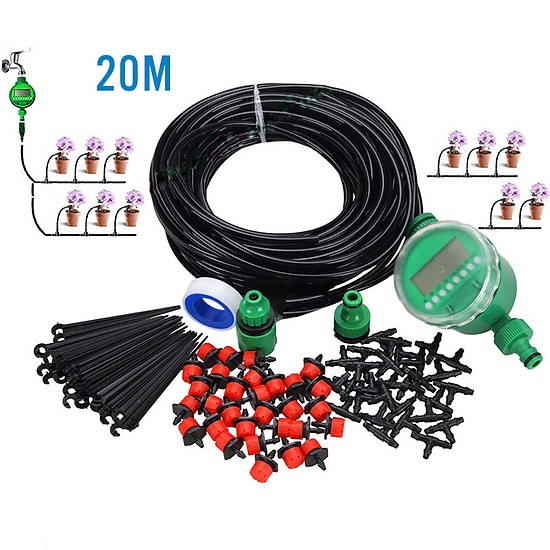 Combo bộ tưới cây tự động gồm 30 đầu tưới nhỏ giọt, 20m dây dẫn nước, 01 đồng hộ đặt thời gian tưới tự động và phụ kiện.