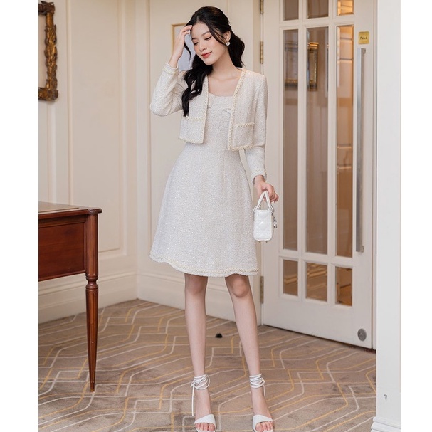Sét bộ dạ Tweed trắng phối nơ tiểu thử cao cấp- Áo khoác phối Váy 2 dây- Orchid GD27A152