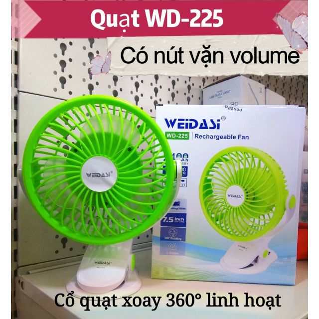 Quạt sạc quạt tích điện đế kẹp weidasi wd-225, pin 2400 mah pin rời dễ thay thế, tích điện đến 4.5h, xoay 360 độ, nút vặn chỉnh tốc độ
