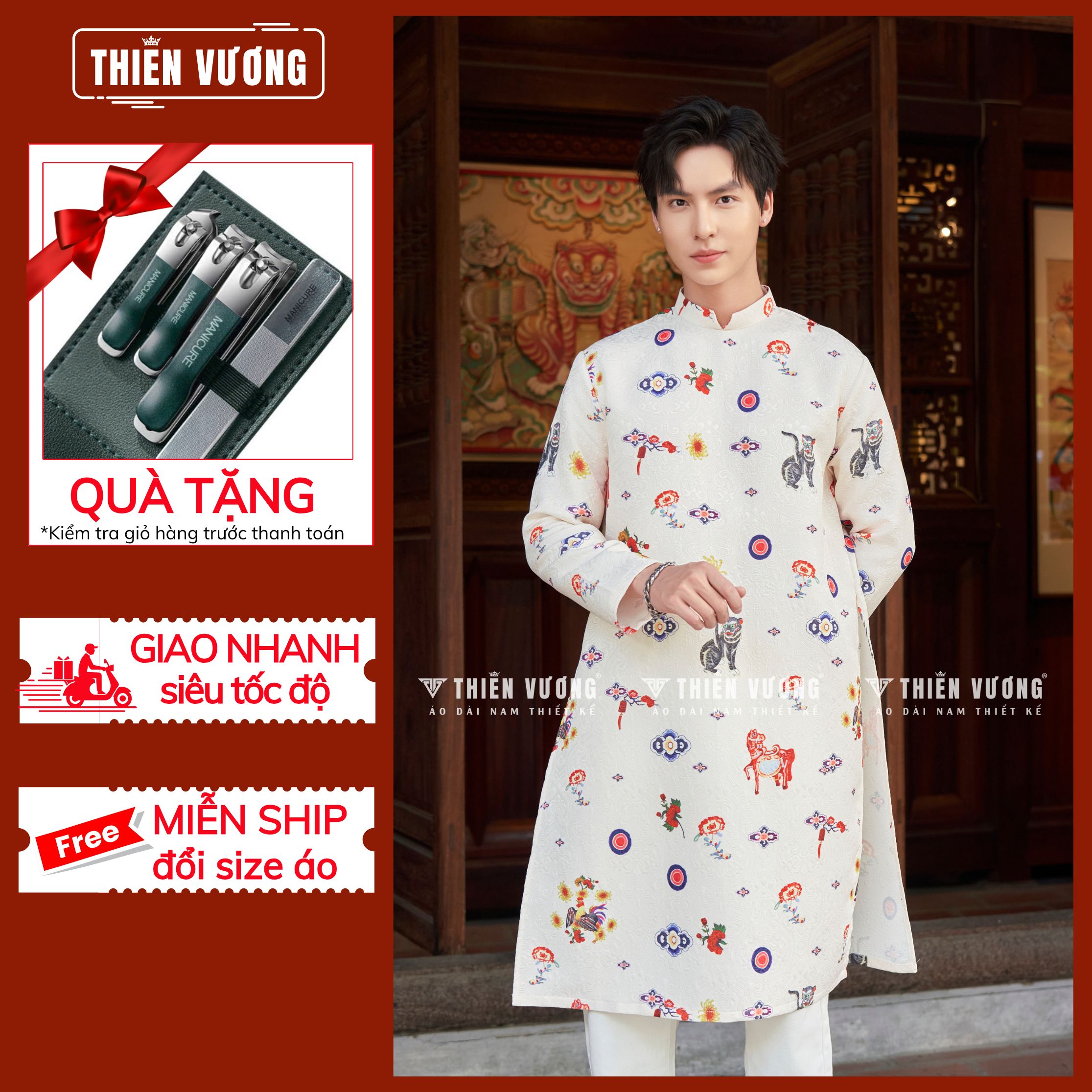 Áo dài nam chất gấm vân nổi in họa tiết lân rồng màu trắng nhã nhặn - Áo Dài Thiên Vương