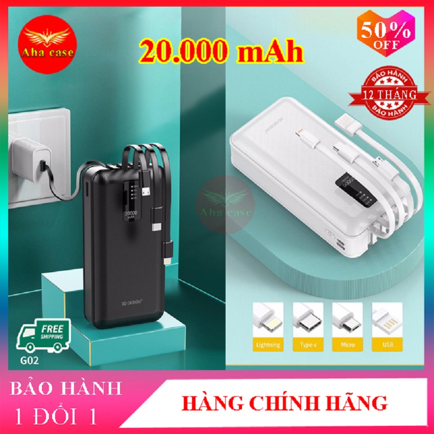 Sạc Dự Phòng sạc nhanh 2.1A Hàng Chính Hãng SD Design G02 Tích Hợp 4 Cáp Sạc Micro, Lingtning, TypeC, Usb Cho Xiaomi Samsung IPhone, Oppo Dung Lượng pin 20.000mAh, Bảo hành 12 tháng