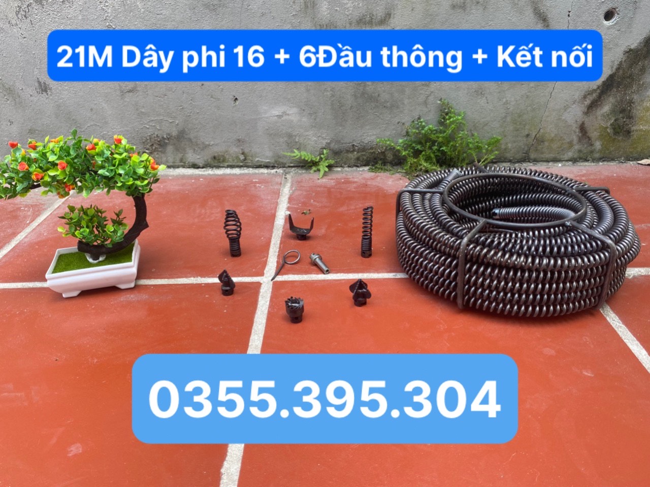 Dây thông tắc cống lò xo dùng máy khoan dài 21m + 6 đầu thông + kết nối máy khoan