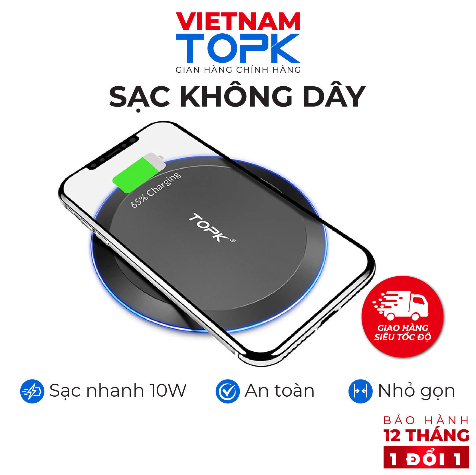 Sạc không dây TOPK B46W - Công nghệ sạc Qi 10W - Tích hợp đèn LED