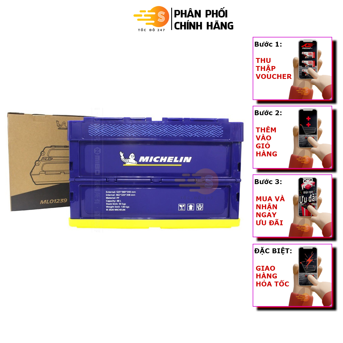 Thùng lưu trữ gấp gọn trên ô tô 48L Michelin ML01239 - Tốc độ 247, chịu lực cao, tiêu chuẩn Châu Âu, chất liệu cao cấp