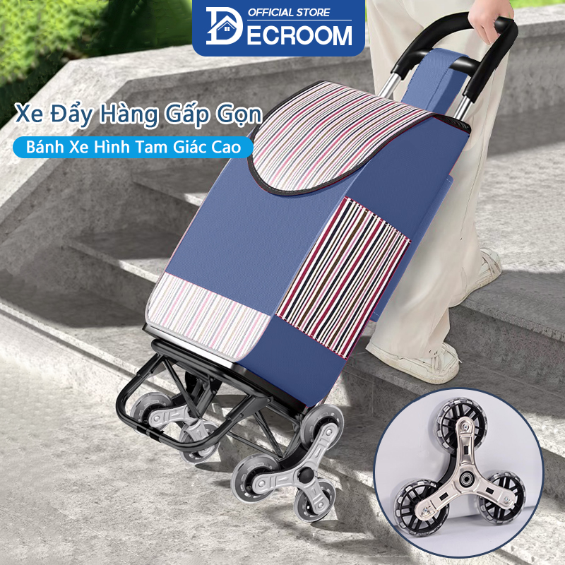 Decroom xe đẩy hàng gấp gọn, xe kéo hàng đi chợ, leo cầu thang gấp gọn xe kéo nhỏ, xe đẩy 6 bánh tặng kèm túi chống thấm nước tiện iơi