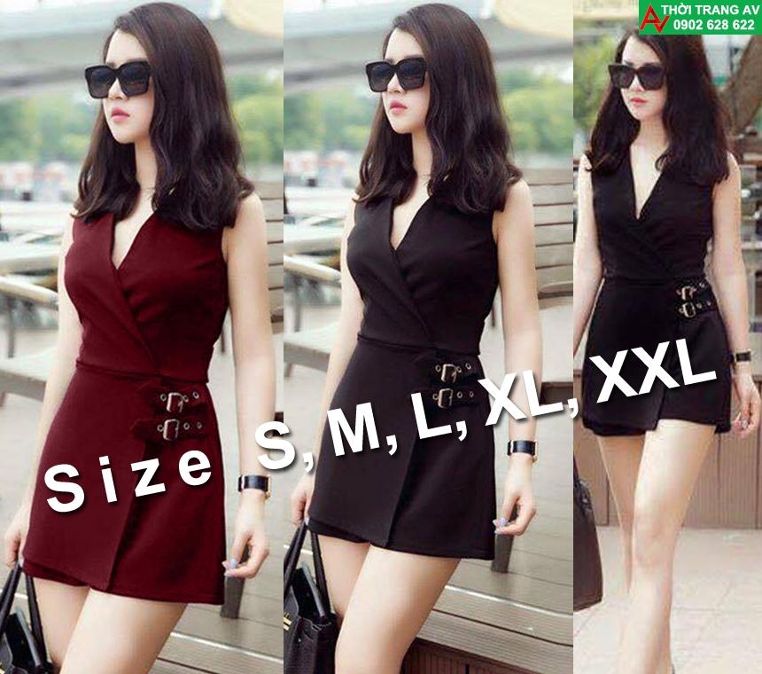 Jumpsuit - Đồ bay ngắn cổ đắp chéo đính khóa eo xinh xắn - AV5238