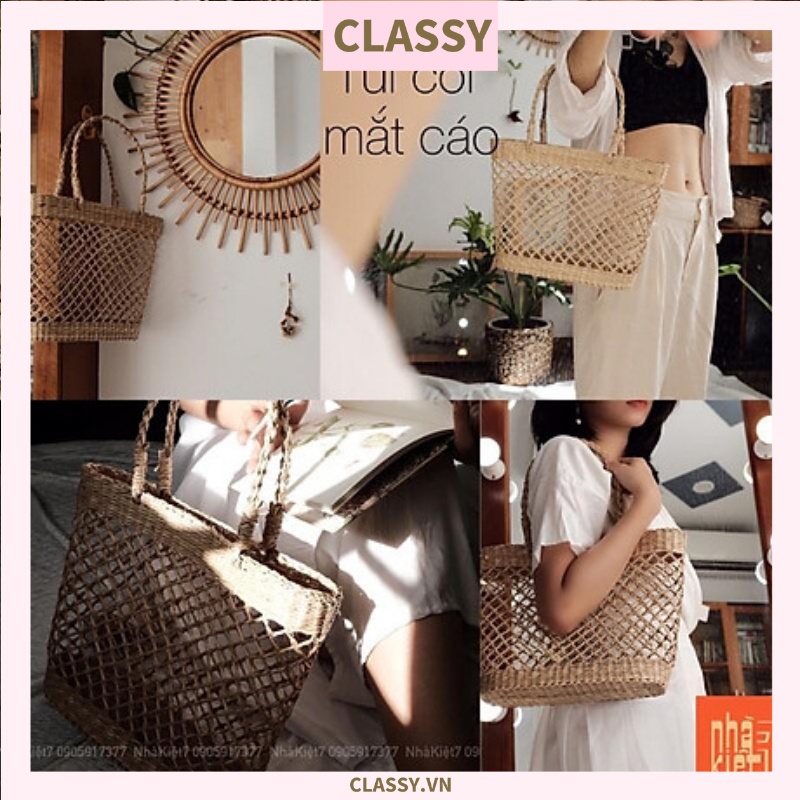 Classy Túi cói làn cói mắt cáo trơn đi biển có nơ, kiểu dáng Vintage, đan thủ công bởi thợ Việt Nam T328
