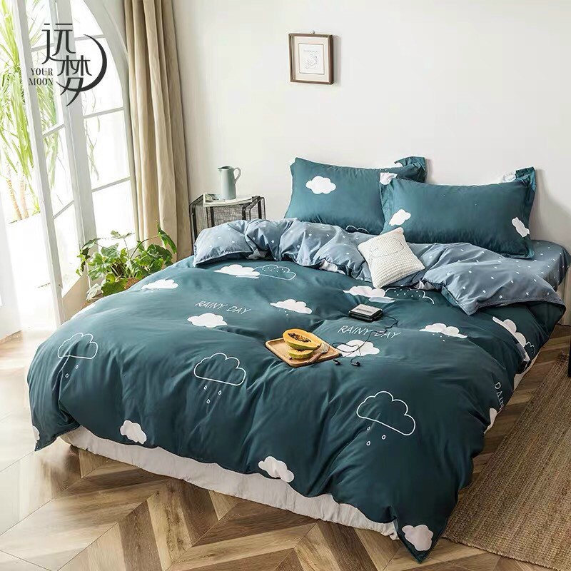 Bộ Chăn Ga Gối ❤️ FREESHIP ❤️ Bộ Chăn Ga Gối Cotton Poly Mây Mưa Xanh bộ 4 món - drap giường cao cấp 2020