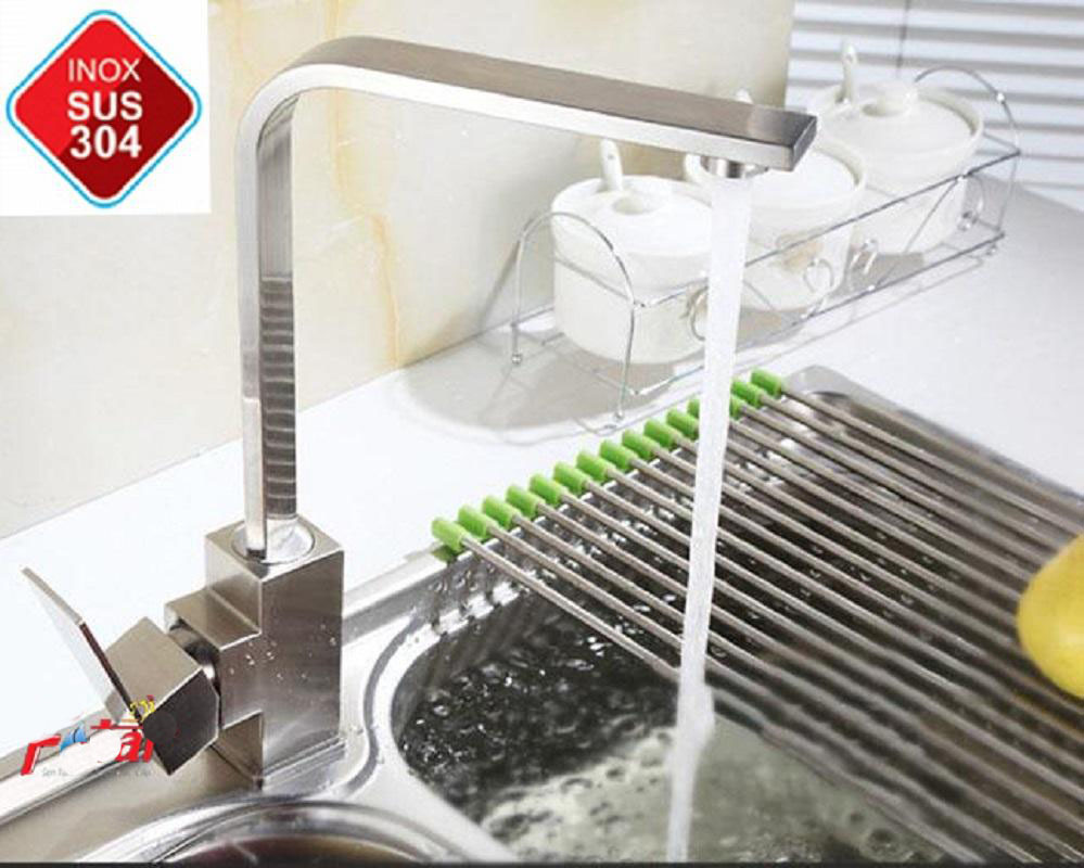 Vòi Rửa Chén Bát Nóng Lạnh Vuông Inox 304 tặng 2 dây cấp nóng lạnh