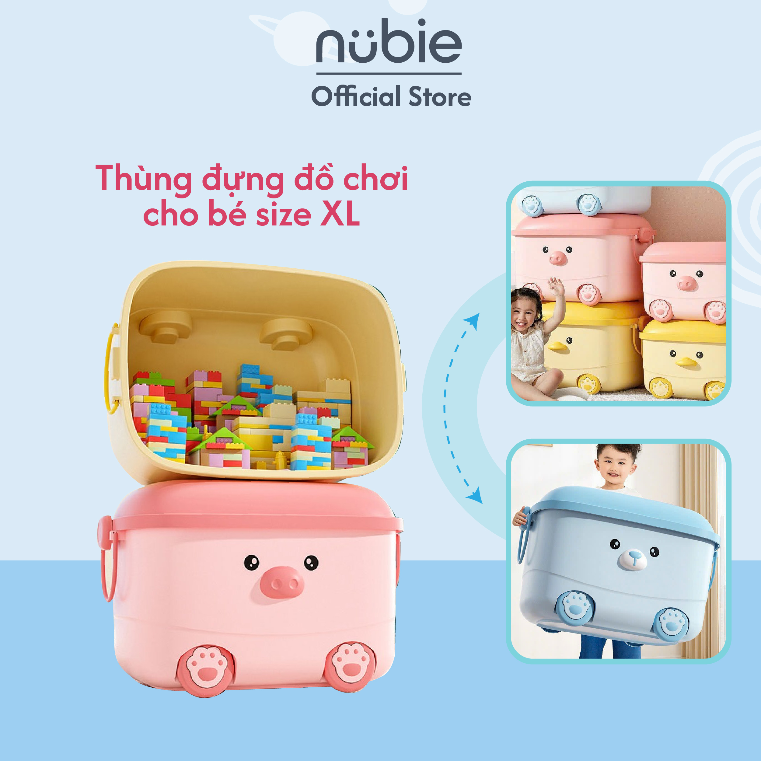 Thùng đựng đồ chơi cho bé, hộp đựng đồ dùng đa năng có bánh xe cho bé hình chú vịt, mặt bàn chơi lắp ráp