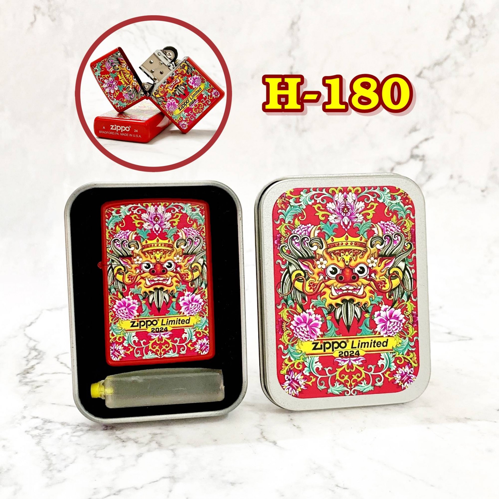 Bật lửa zippo 2024 sơn tĩnh điện 2 mặt hình rồng - #180