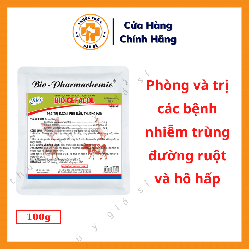 "Hoàn tiền đến 10%" Bio Cefacol 100g - Trị Bệnh E.coli, Phù Đầu, Thương Hàn, Viêm Ruột, Tiêu Chảy Ở Gia Súc, Gia Cầm - Thú Y Giá Sỉ