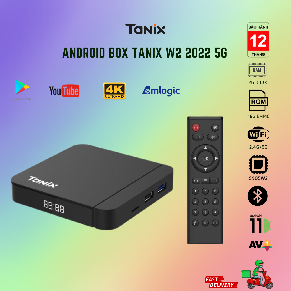 Android tv box tanix w2 wifi 2.4/5g + bluetooth - amlogic s905w2 ram 2g bộ nhớ emmc 16g, android 11