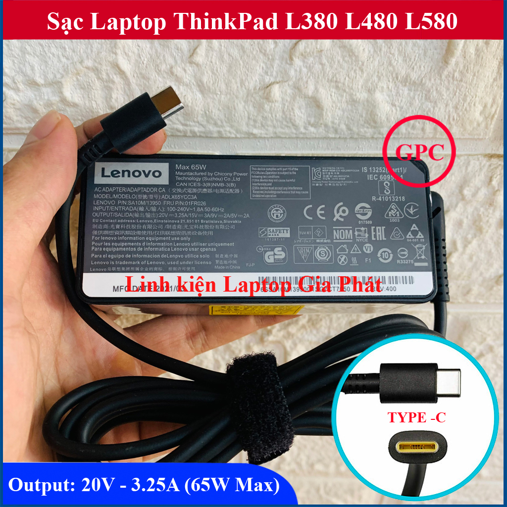 Sạc laptop lenovo type c 20v - 3.25a 65w cho thinkpad l380 l390 l480 l580 t480 t490 e490 t580 e15 yoga 720