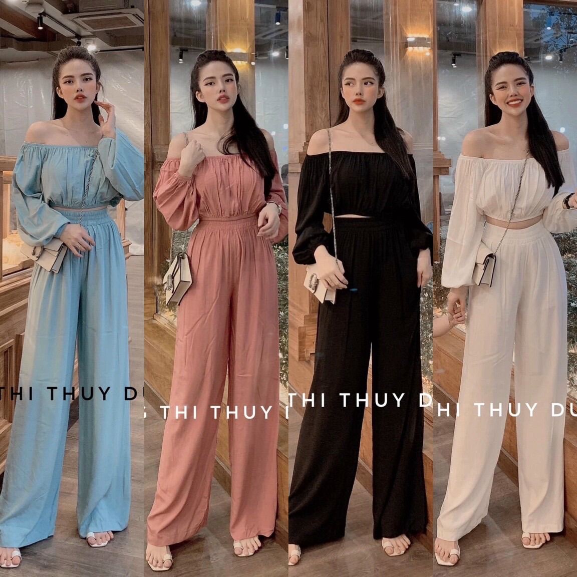 Set bộ quần suông + áo bẹt vai tay dài