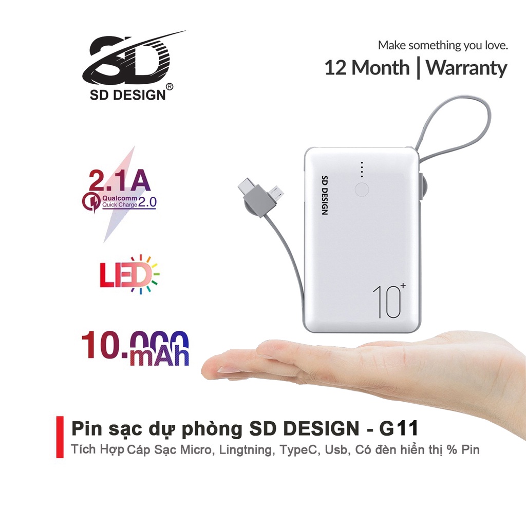 [Mới] Sạc dự phòng Chính Hãng G11 SD Design 10,000 mAh chính hãng, pin sạt kèm dây cáp sạc gắn sẵn xạc giá tốt, bảo hành 12 tháng