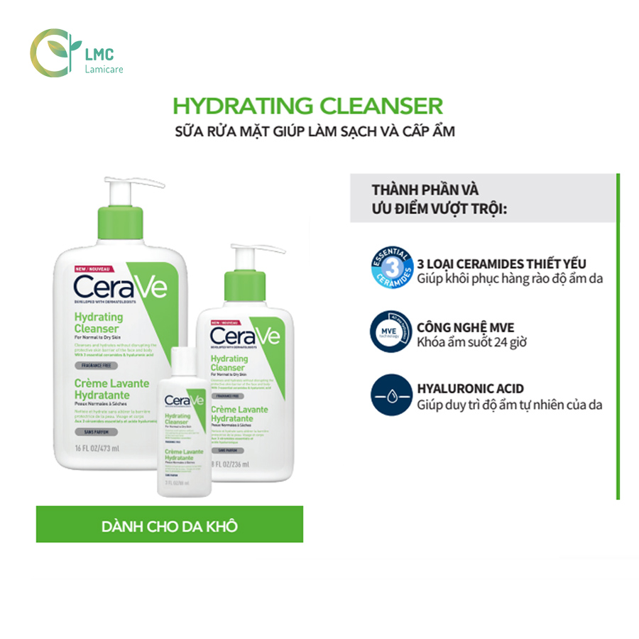 Sữa Rửa Mặt Cho Da Thường Và Da Khô CeraVe Hydrating Facial Cleanser