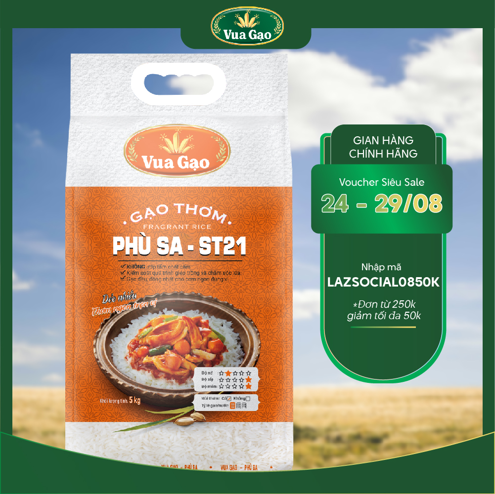 Gạo ST21 Phù Sa Túi 5kg - Chính Hãng Vua Gạo - Gạo Dẻo Nhiều, Ngọt Nhẹ, Ráo Cơm