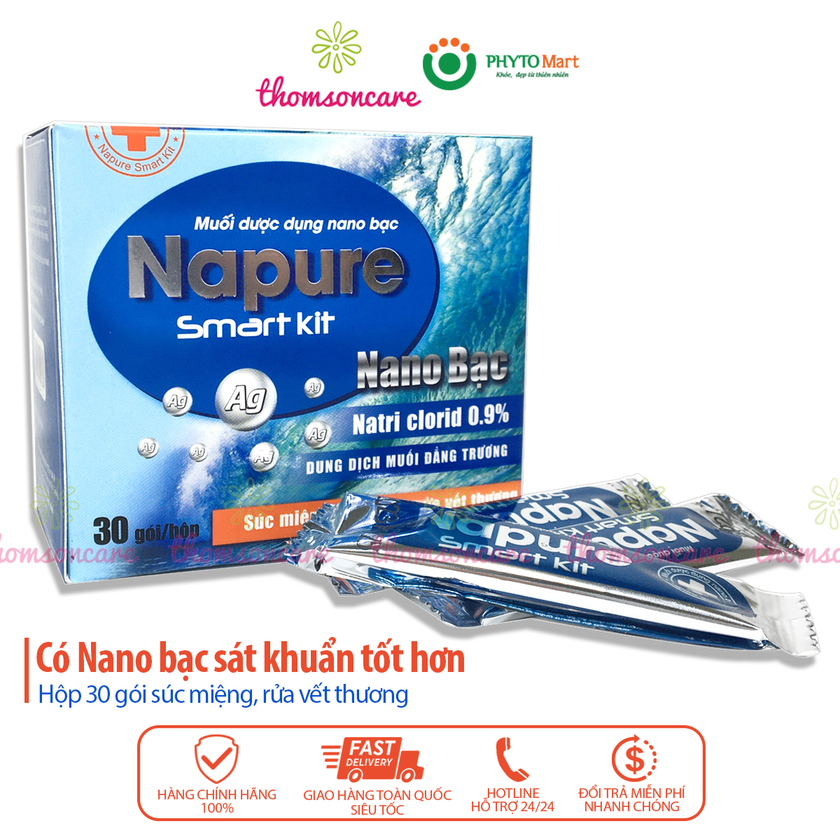 Muối biển Napure - Hộp 30 gói có chứa Nano bạc tinh khiết pha nước súc miệng xúc họng muối dược dụng sinh lý rửa vết thương làm sạch mũi xoang cho bé và người lớn