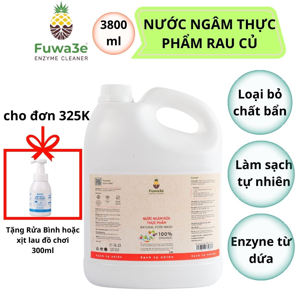 Nước ngâm rửa thực phẩm Fuwa3E Can 3.8L, nước enzyme dứa 100% khử độc thực phẩm, loại bỏ TBVTV, khử mùi tanh hôi trên thịt cá - Fuwa3E official store