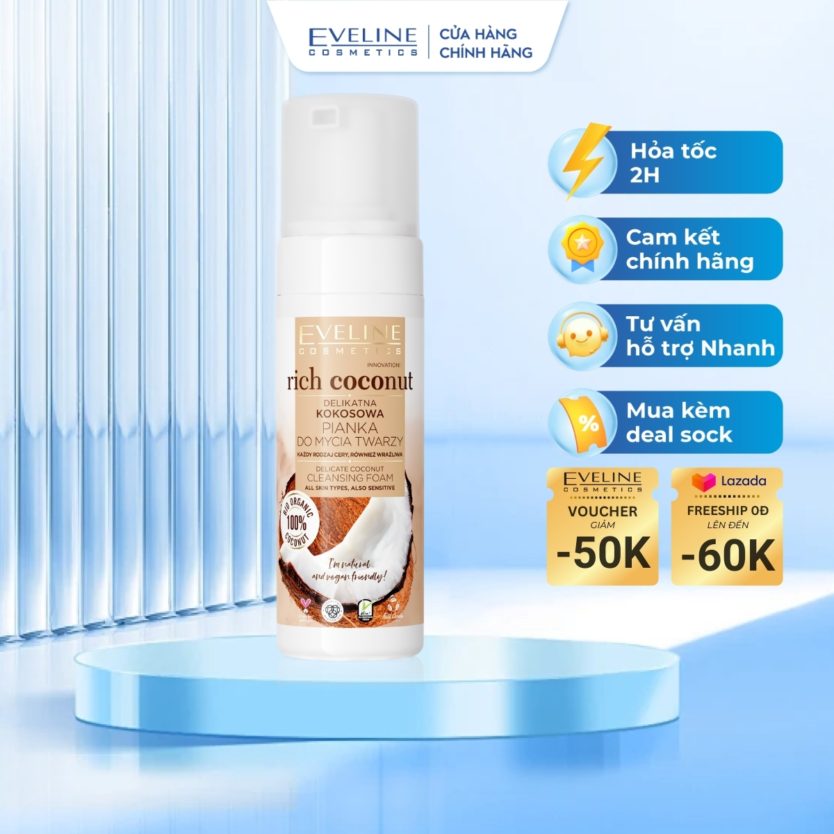 Gel rửa mặt tạo bọt Eveline Rich Coconut tinh dầu dừa 150ML