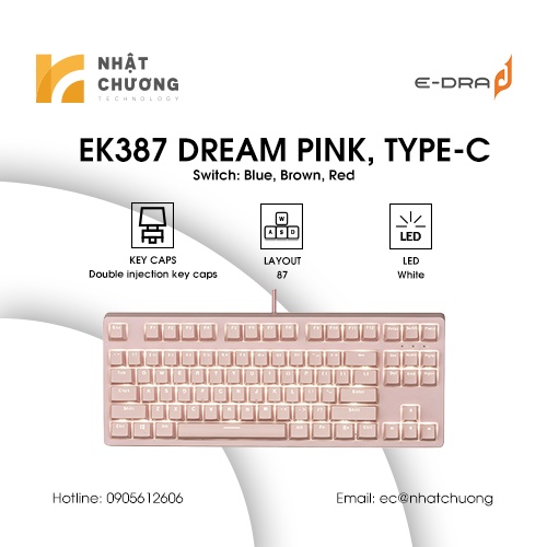 Bàn phím cơ e-dra - ek387 dream pink, e-dra - ek387 dream pink type-c, e-dra - ek387 ice white. bảo hành chính hãng 24 tháng.