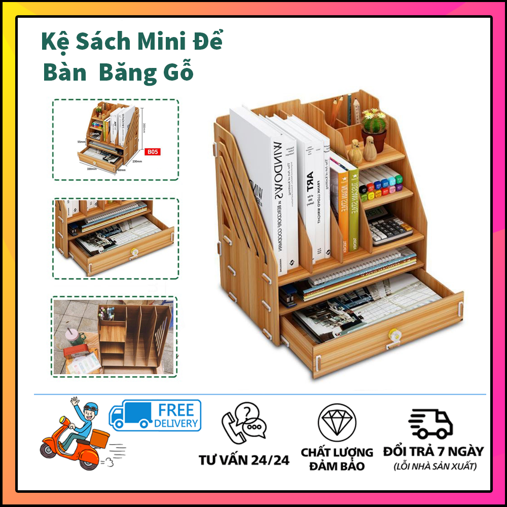 Kệ sách để bàn mini bằng gỗ đa năng siêu đẹp tiện ích có ngăn kéo - kệ để bàn máy tính - kệ để bàn làm việc