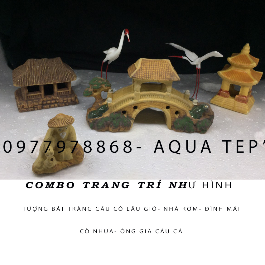 Combo 8 trang trí bể  thủy sinh - bể bán cạn - hòn non bộ - tặng 2 cò nhựa - gốm Bát tràng - mettep