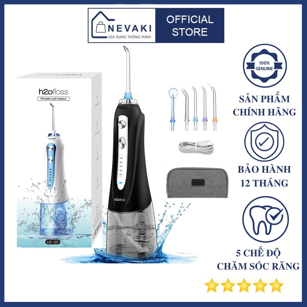 Máy tăm nước H2ofloss HF9P chính hãng vệ sinh răng miệng kèm 5 đầu tăm, cáp sạc và túi du lịch Nevaki