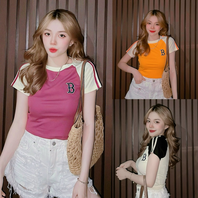 Áo thun nữ Croptop dáng ôm phối chữ B nổi sọc tay phom ôm sát