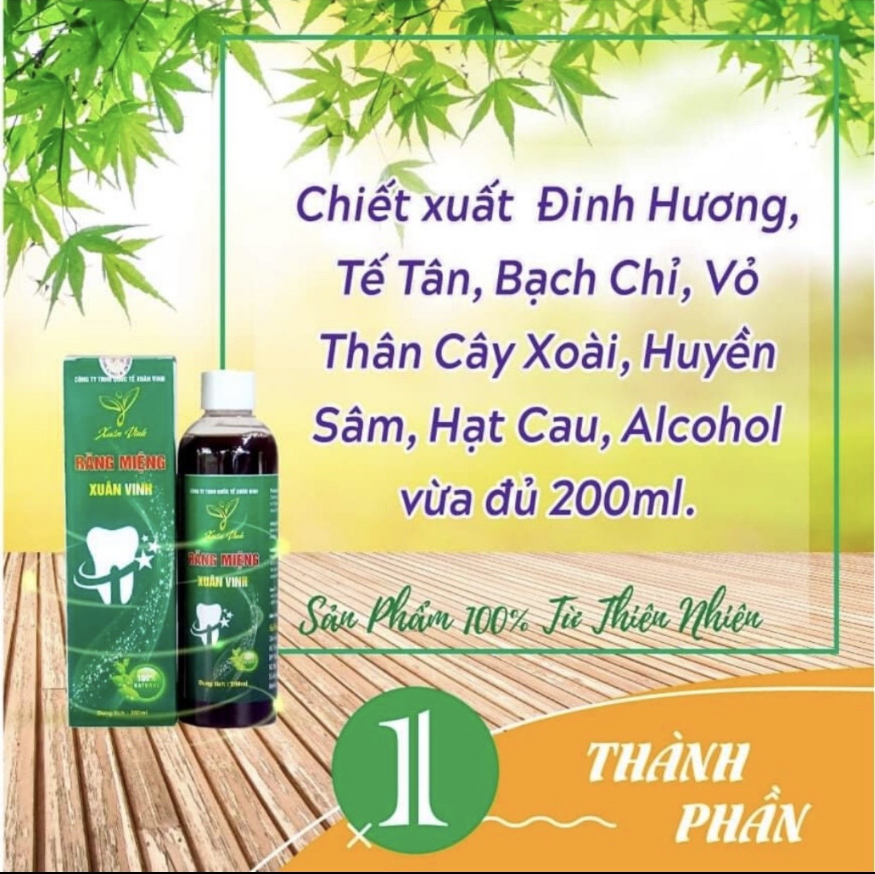 Nước súc miệng ,thơm miệng, sâu răng Xuân Vinh, 200ml, Gia truyền 3 đời.