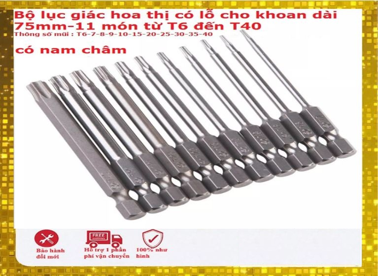 Bộ 11 mũi hoa thị lỗ  từ T6 đến T40 dài 75mm có nam châm hàng Đài Loan- Bộ tô vít hoa khế cho máy khoan