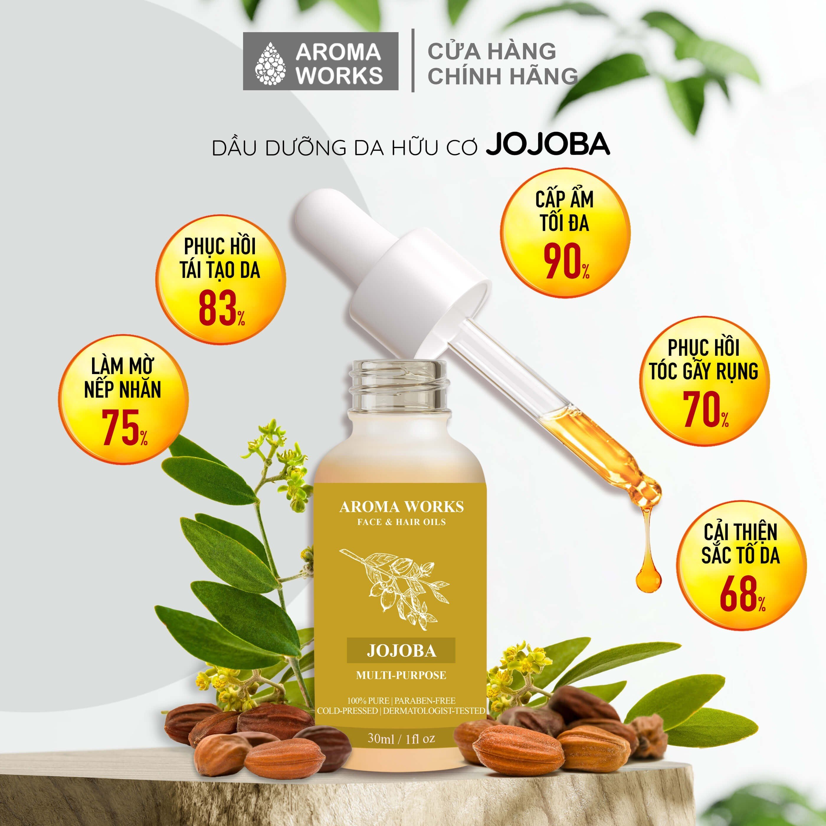 Dầu Jojoba Aroma Works Face & Hair Oil, cấp ẩm, mờ nếp nhăn