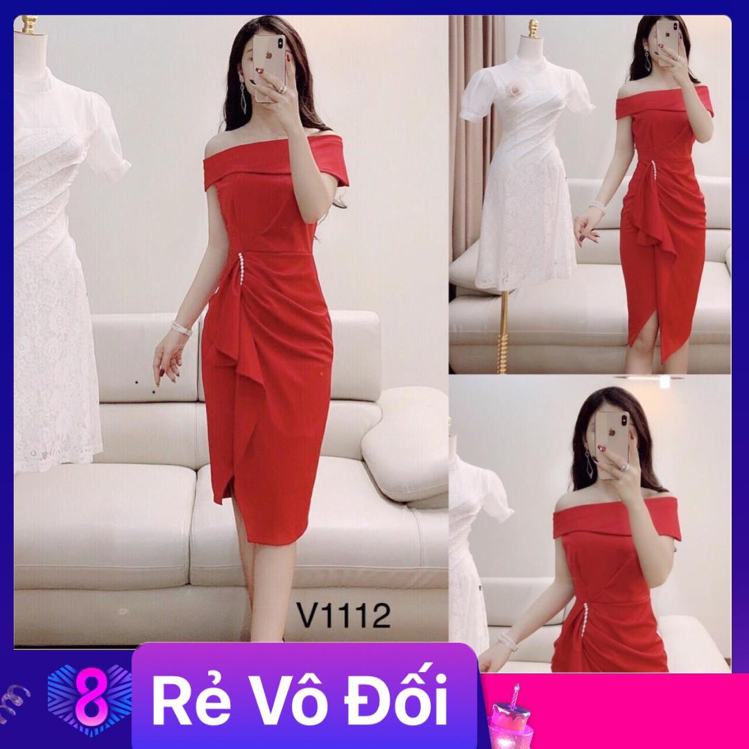 Đầm body bẹt vai xếp ly tà đính ngọc chất umi đỏ xanh freesize kèm hình thật
