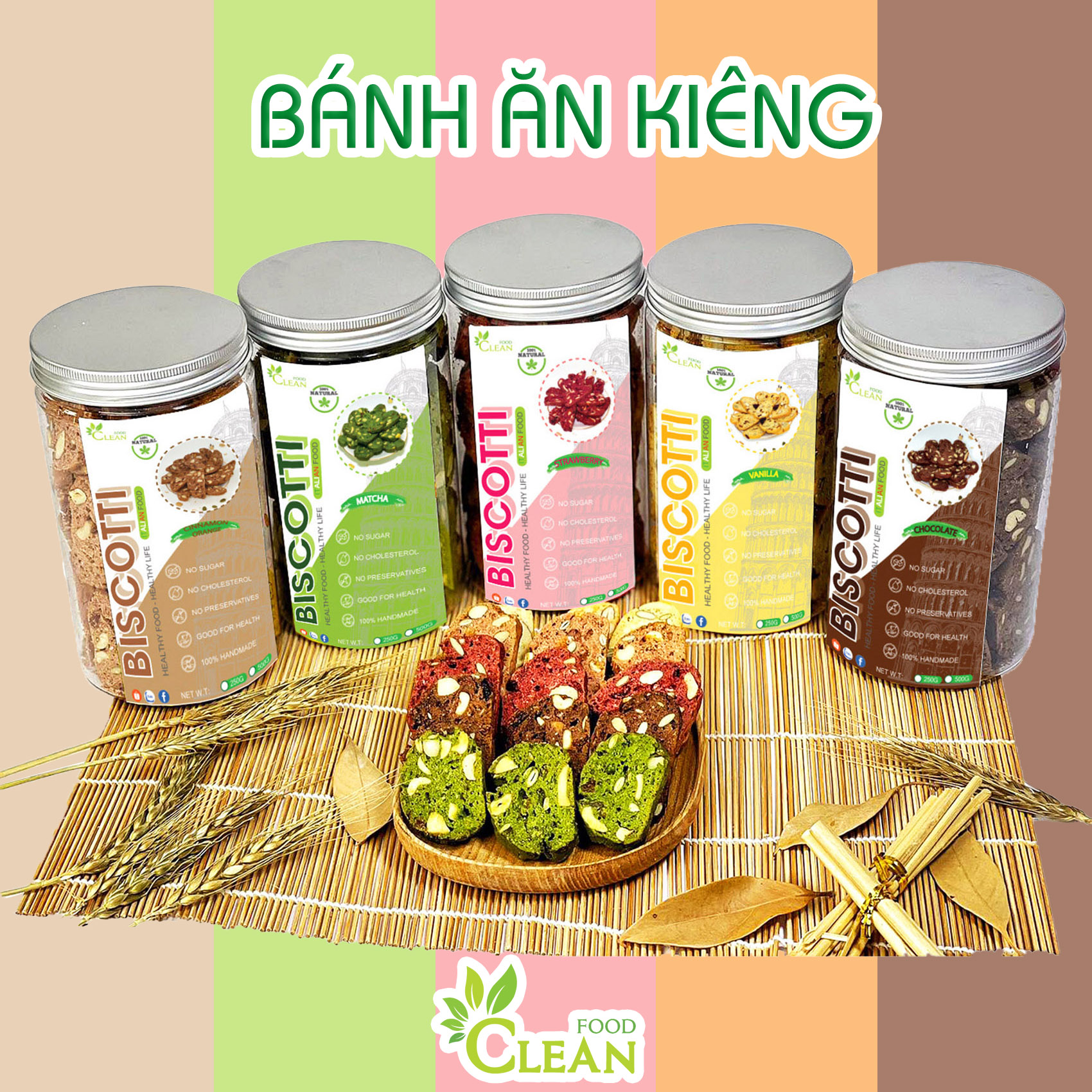 Bánh ăn kiêng BISCOTTI giảm cân tiểu đường ngũ cốc nguyên cám mix 5 vị CleanFood - Bánh cho người tiểu đường, keto/das