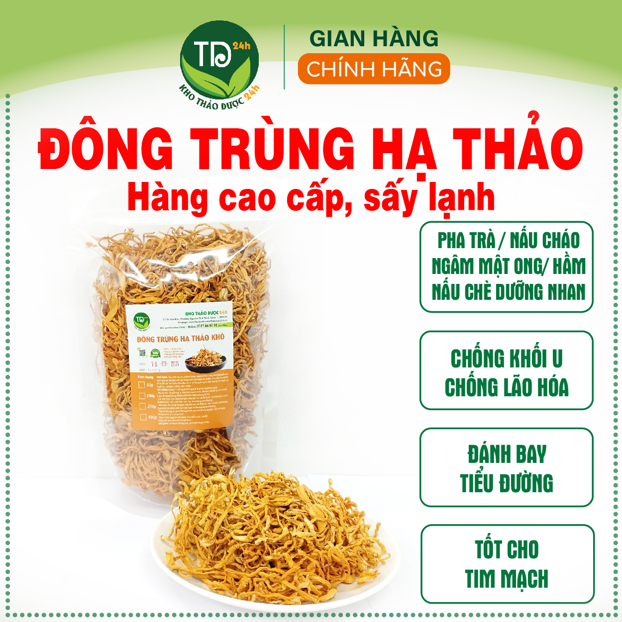  Đông trùng hạ thảo chống suy thoái thận đánh bay tiểu đường tăng cường sinh lý chống thoái hóa và đau nhức xương khớp nguyên liệu làm chè dưỡng nhan  250 gr - 500gr  I Kho Thảo Dược 24h 