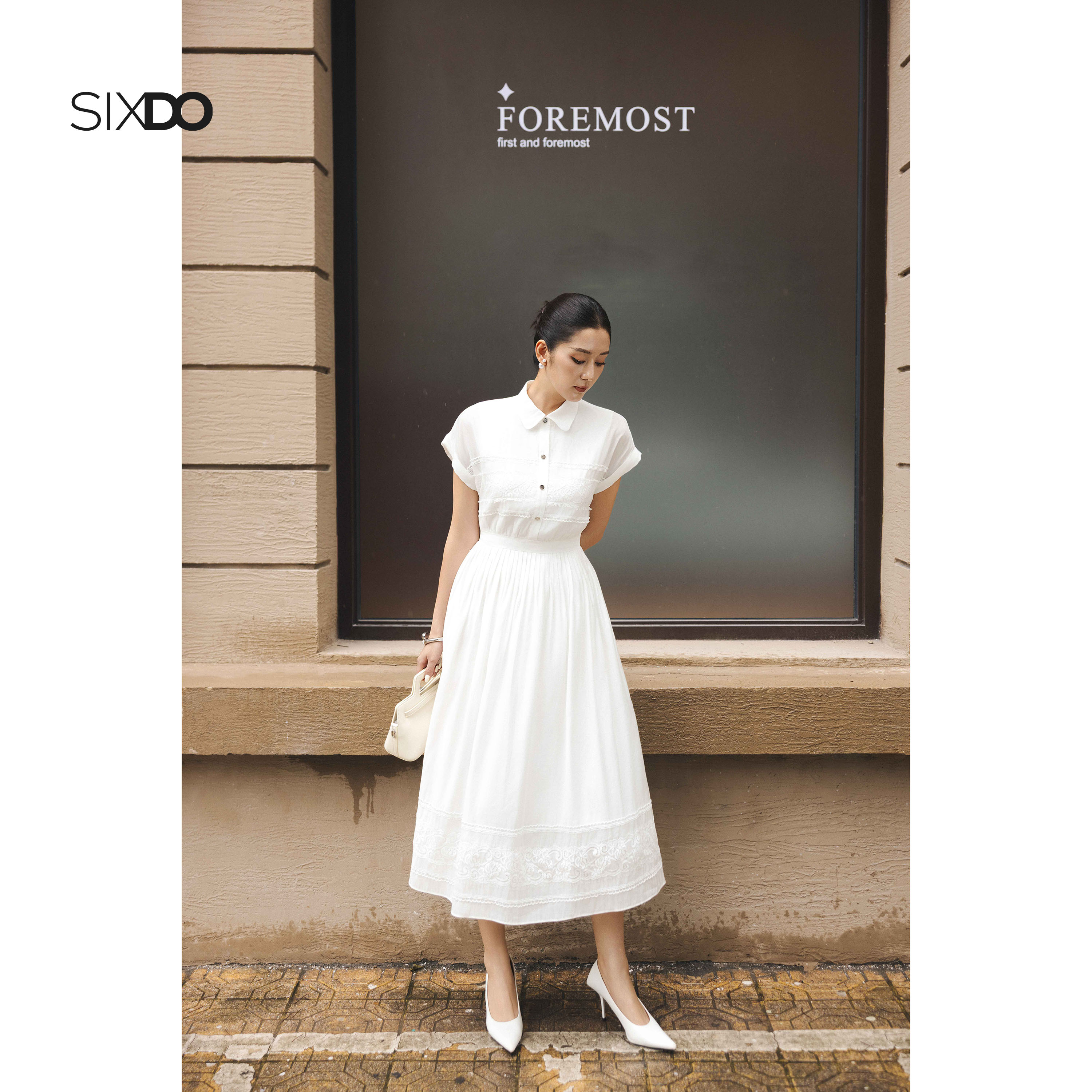  Đầm xòe dáng dài cổ đức tay ngắn phối ren SIXDO  White Organza Flared Dress  