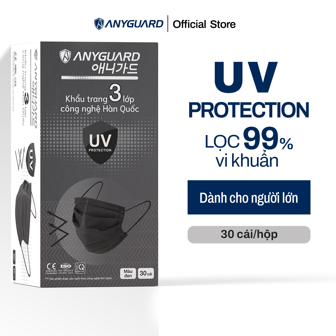 Khẩu Trang Y Tế Chống Tia UV 3 Lớp Kháng Khuẩn 99% Chính Hãng ANYGUARD Hàn Quốc, An Toàn Cho Da Nhạy Cảm, Màu Đen - 30 Cái